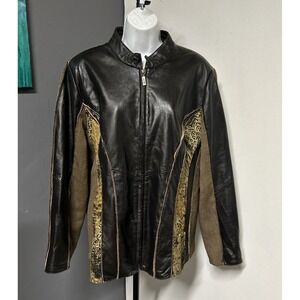 Koos Women's 1X Leather Mixed Media Zip Jacket Animal Print Tweed Moto Funky‎